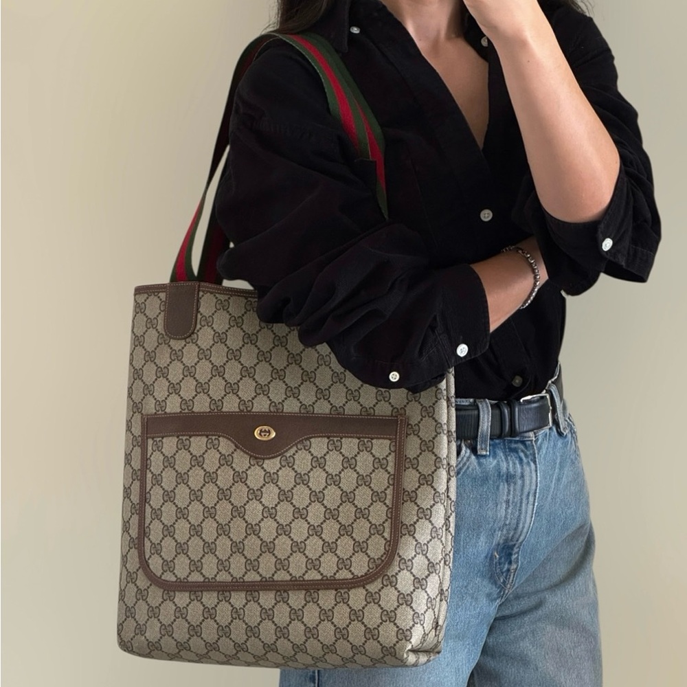 Gucci authentic brown monogram coated canvas tote bag ribbon handles - Picture 1 of 16